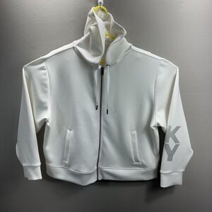DKNY White Scuba Cropped Full-Zip Hoodie Silver Logo